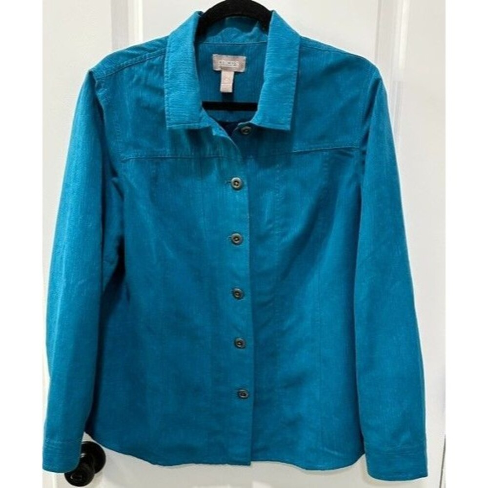 Chico's Womens Sz 2 Teal Button Front Faux Suede Corduroy Jacket Shacket Lined L
